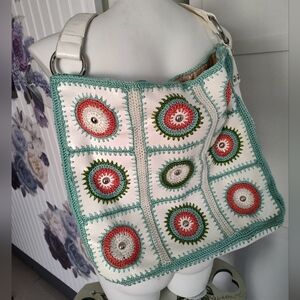 Franco Sarto Crocheted & Leather Squares Tote Large Bag Upscale Boho Vintage